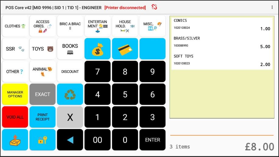 POS Core main menu screen of buttons laid out for a restaurant